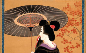  Kaburagi Kiyokata, 1878-1972. Una geisha con parasole, sotto un acero con foglie autunnali. 1920-1939. Dipinto a inchiostro e colori su seta 45,7×50,9 cm. Collezione Perino © 2020 MUSEC/Fondazione culture e musei, Lugano