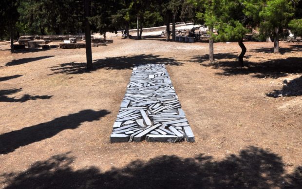 Richard Long, Athens Slate Line, installation view at Shrine of Dionysos Eleuthereus, South Slope of the Acropolis. Photography © Fanis Kafantaris Courtesy NEON and the artist