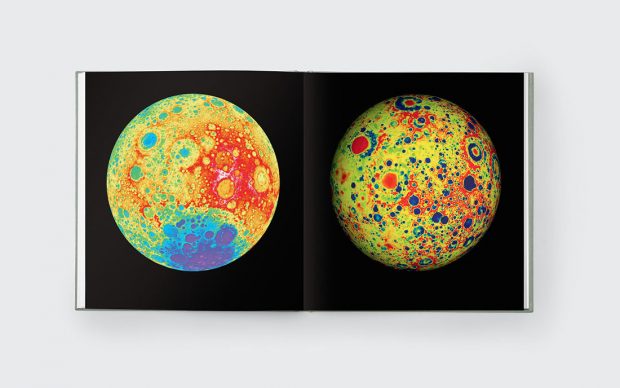 Sun and Moon: A Story of Astronomy, Photography and Cartography, Mark Holborn, Phaidon (in association with The Royal Observatory, Greenwich and The Royal Astronomical Society); Orthographic projection, far side of the Moon, NASA, 2011 (left) variations in lunar gravity, NASA, 2012 (right), pages 348-349