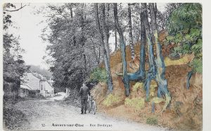 Post card ‘rue Daubigny, Auvers-sur-Oise’ covered with the painting ‘Tree Roots’ (1890) by Van Gogh, ©arthénon