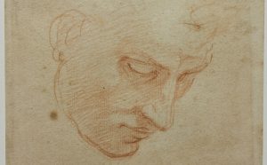 Michelangelo Buonarroti, Studio di testa per la Volta della Sistina, 1509-1510, matita rossa, mm 127 x 143. Firenze, Casa Buonarroti, inv. 47