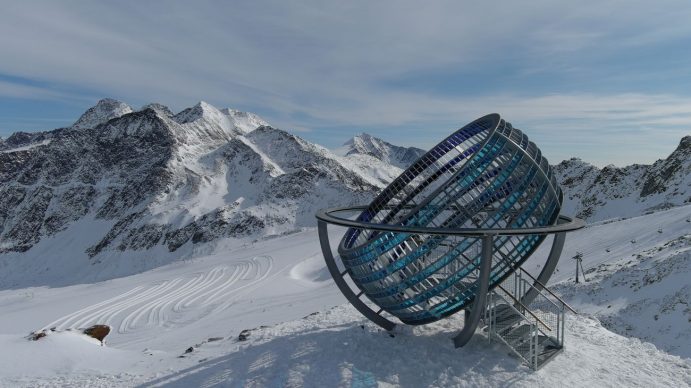 Olafur Eliasson, Our glacial perspectives, 2020. Steel, coloured glass Installation view Grawand Mountain, Hochjochferner glacier, South Tyrol. Photo David Orru. Commissioned by Talking Waters Society © 2020 Olafur Eliasson