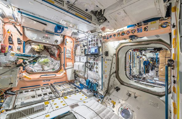 © Paolo Nespoli. View Port-Aft, with Pressurized Mating Adapter 1 (on left) and Node 3 (on right) Node 1 – Unity International Space Station – ISS. Low Earth Orbit, Space