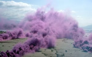 Judy Chicago, Purple Atmosphere, 1969. Fireworks performance. Performed at Santa Barbara Beach, Santa Barbara, CA© Judy Chicago/Artists Rights Society (ARS), New York. Photo courtesy of Through the Flower Archives. Courtesy of the artist; Salon 94, New York; and Jessica Silverman Gallery, San Francisco