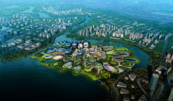 Zaha Hadid Architects, Unicorn Island Masterplan, Chengdu (Cina), 2018 - in corso © Zaha Hadid Architects / Render by Negativ