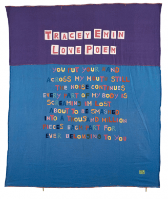 Love Poem, 1996 Appliquéd blanket, 243.8 × 243.8 cm (96 × 96 in). © Tracey Emin. All rights reserved, DACS/Artimage 2020