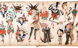 TATTOO. 1730s-1970s. Henk Schiffmacher's Private Collection Taschen, 2020, p. 262. An album of original tattoo designs by unidentified British tattoo artist, ca. 1918–20s. Given the dress code back then, the private part of your body was much bigger than it is now. And inside this large private zone, they would put very private tattoos like these. Copyright: Courtesy of the Schiffmacher Tattoo Heritage. Courtesy Taschen