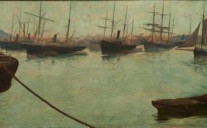 Adolfo Guiard, La ría en Axpe, 1886. Óleo sobre lienzo, 115 x 295 cm. Colección Sociedad Bilbaina