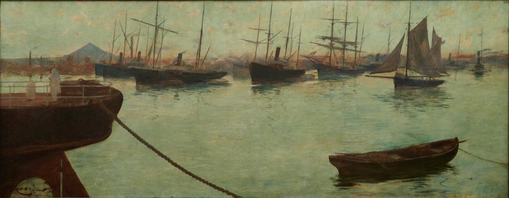Adolfo Guiard, La ría en Axpe, 1886. Óleo sobre lienzo, 115 x 295 cm. Colección Sociedad Bilbaina
