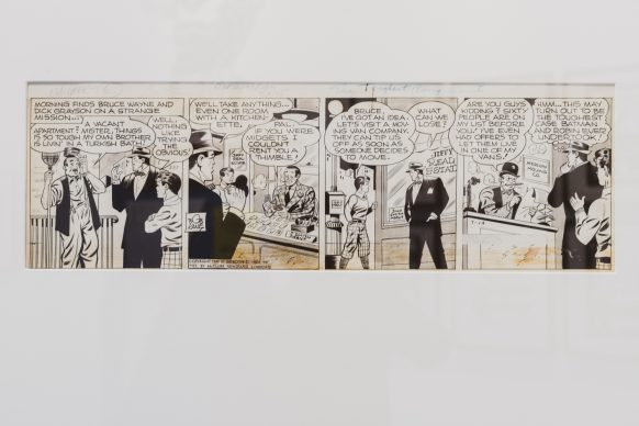 Striscia disegnata da Bob Kane dal titolo “Batman et Robin du 14-07-1945” presente all’interno della mostra Masters of Marvel & DC al PAFF! di Pordenone. Foto ©Elisa Caldana