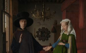 Jan van Eyck, Portrait of Giovanni(?) Arnolfini and his Wife (The Arnolfini Portrait), 1434, Oil on oak © The National Gallery, London. Dettaglio