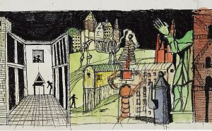 Aldo Rossi, Fantasia architettonica con elementi del cimitero di San Cataldo a Modena, della scuola di Broni e di altri progetti, s.d. copia, penna, acquerelli colorati su carta. Collezione MAXXI Architettura. Archivio Aldo Rossi © Eredi Aldo Rossi