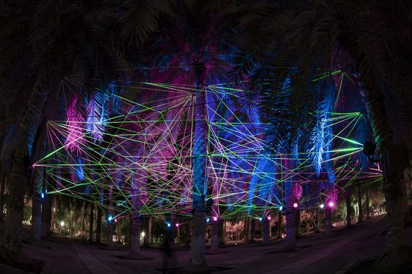 Tom & Lien Dekyvere, Rhizome, 2021 Fluorescent ropes and LED lights. Courtesy the artist and Light Art Collection. Photo © Riyadh Art 2021