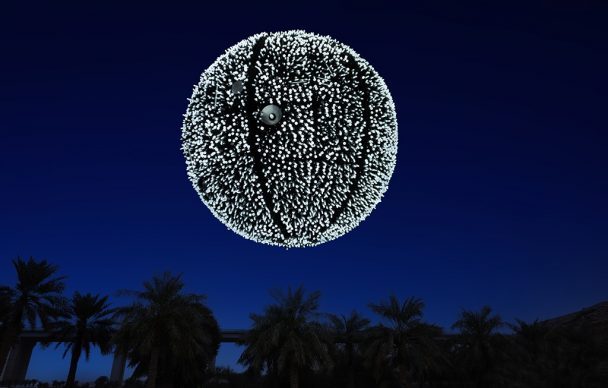 Wang Yuyang, Artificial Moon, 2007 Energy saving lamps, metal frame 400 cm diameter. Courtesy Massimo de Carlo. Photo © Riyadh Art 2021