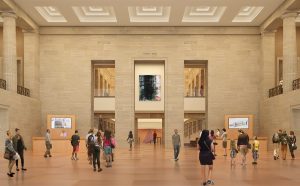 AFTER: Upon entering the museum via the Robbi and Bruce Toll Terrace, visitors will be able to see up into the Great Stair Hall and down into the Williams Forum, revealing pathways to art on multiple levels. Architectural rendering by Gehry Partners, LLP and KX-L, 2016. Photo courtesy Philadelphia Museum of Art, 2021.