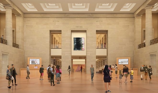 AFTER: Upon entering the museum via the Robbi and Bruce Toll Terrace, visitors will be able to see up into the Great Stair Hall and down into the Williams Forum, revealing pathways to art on multiple levels. Architectural rendering by Gehry Partners, LLP and KX-L, 2016. Photo courtesy Philadelphia Museum of Art, 2021.