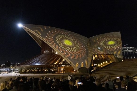 Art Gallery of New South Wales celebrates 150th  Anniversary with 'Badu Gili: Wonder Women'  featuring work of six female Aboriginal artists  projected onto the sails of Sydney Opera House. Photo credit: Brook Mitchell/Getty Images for Art  Gallery of NSW