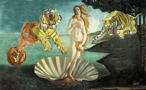 Woman I, Botticelli, Nascita di Venere, 1485, Salvador Dalí, Sogno causato dal volo di un’ape, 1944. Courtesy Claudia Storelli