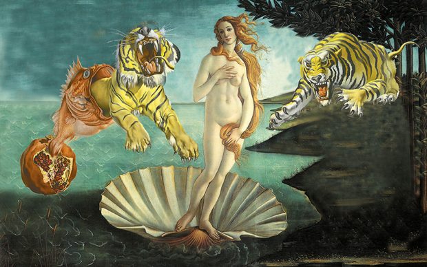 Woman I, Botticelli, Nascita di Venere, 1485, Salvador Dalí, Sogno causato dal volo di un’ape, 1944. Courtesy Claudia Storelli