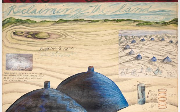 Mary Beth Edelson, Earth Works: Reclaiming the Land, 1976. Mixed media on board, 26 1/2 × 36 in. (67.3 × 91.4 cm). Courtesy of David Lewis, New York. © Mary Beth Edelson. Photo: Ben Heyer