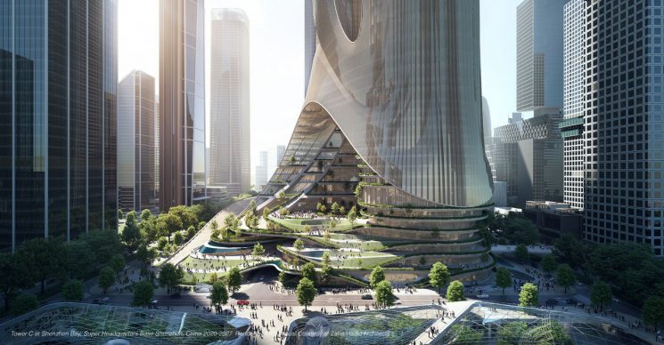 Tower C at Shenzhen Bay, Super Headquarters Base Shenzhen, China 2020-2027. Render by Brick Visual. Courtesy of Zaha Hadid Architects